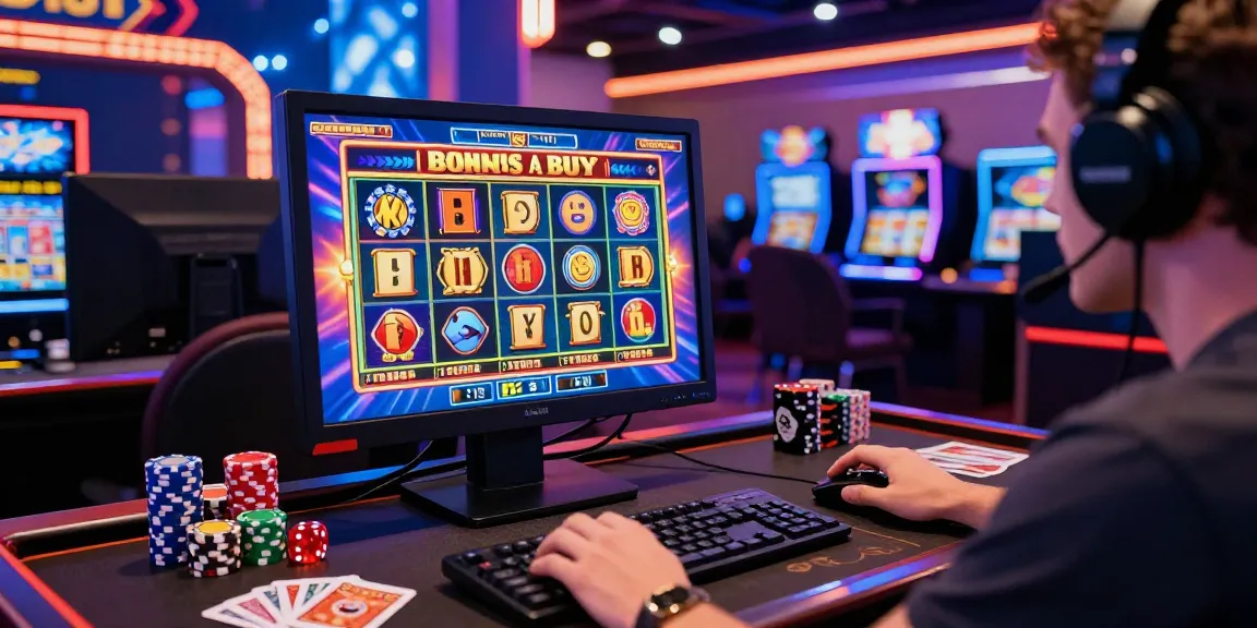 Engaged player exploring bonus buy casinos on a vibrant gaming setup with slot machine graphics.