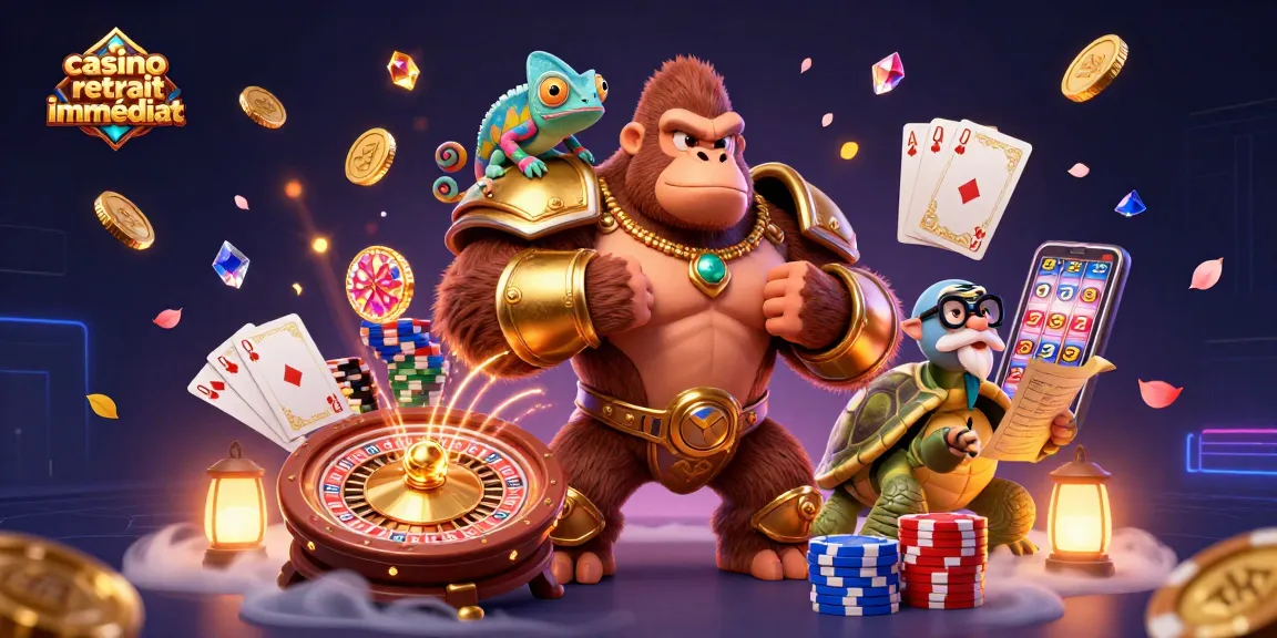 Visualisez le roi gorille puissant dans un casino vibrant avec un retrait immédiat, entouré d'éléments de jeu.