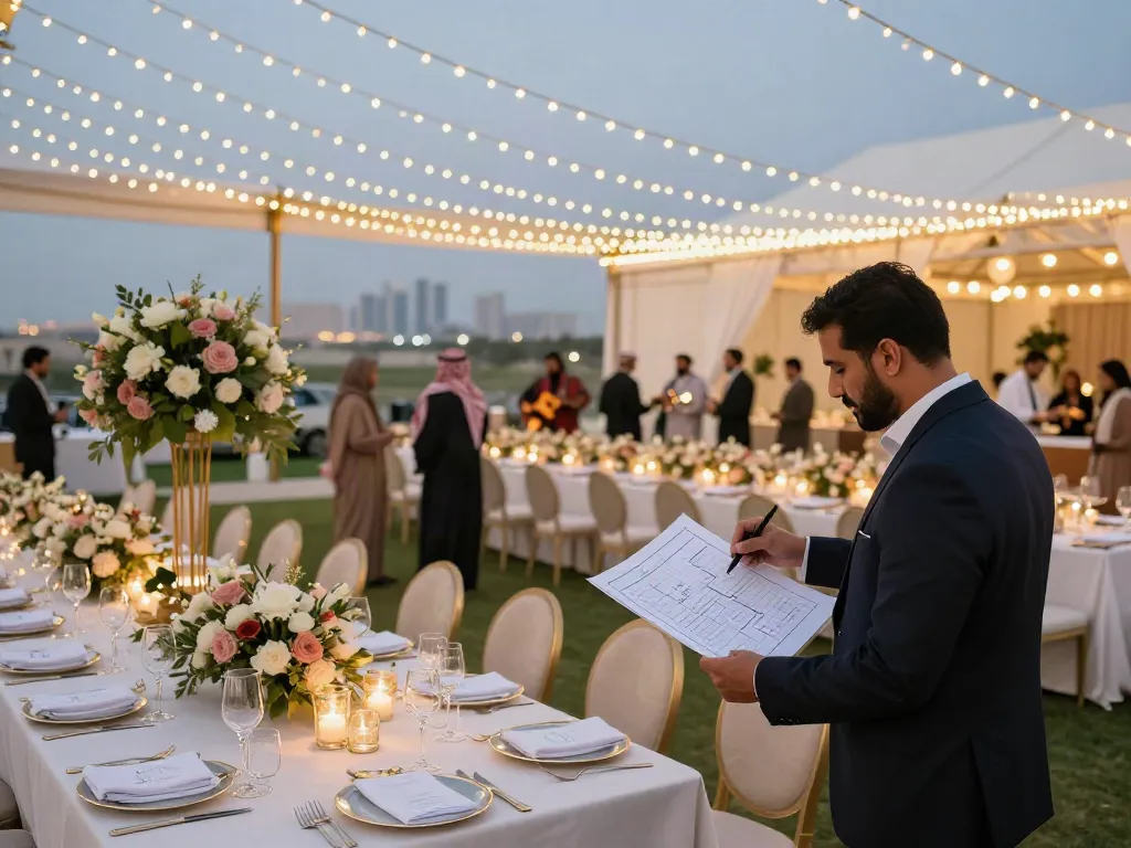 Event rentals showcasing a luxurious outdoor setup with elegant tables, tents, and a stunning skyline in Saudi Arabia.