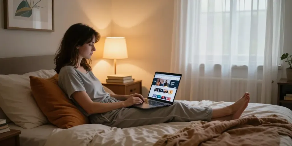 Engaging scene of a woman exploring stepsis porn videos on a laptop in a cozy bedroom.