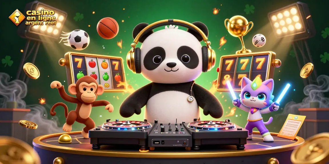 Illustration dynamique avec un panda DJ et des éléments de casino en ligne argent réel.