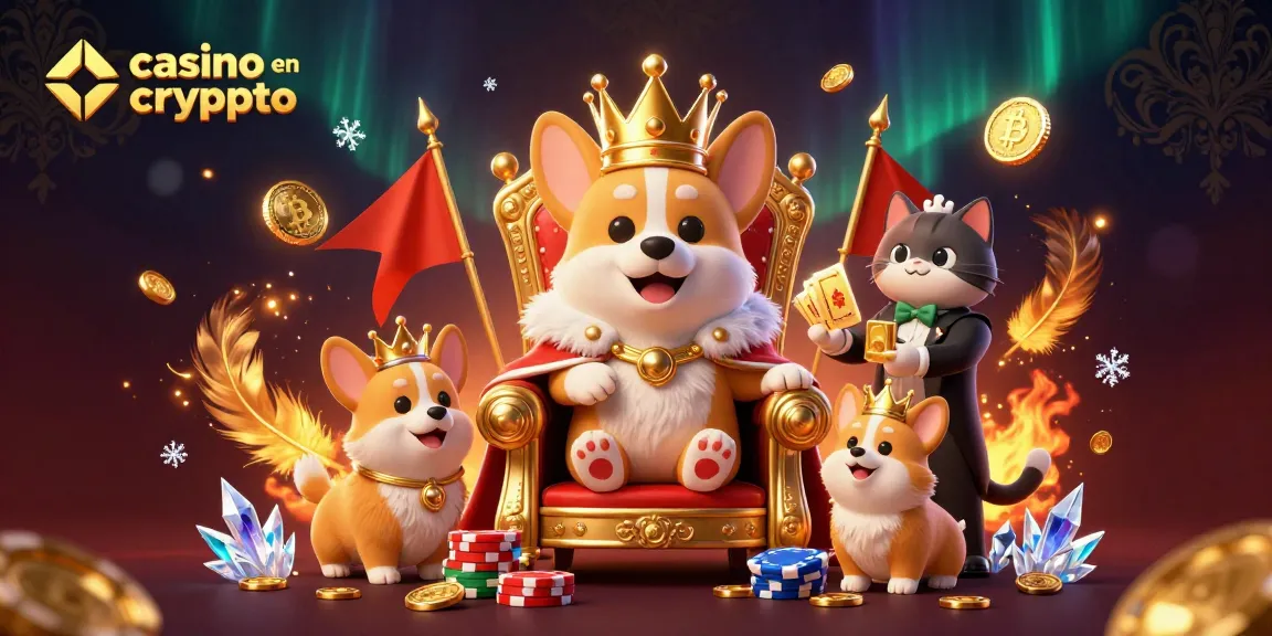 Un casino en ligne crypto vivant avec des corgis et un chat majordome, symboles de jeu et éclats dorés.