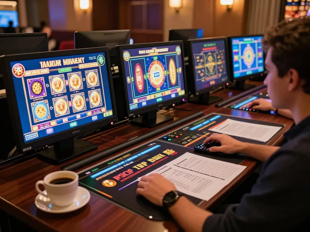 Player spinning a slot machine online while managing bankroll notes at home.