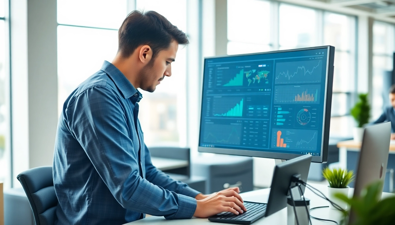 Offering IT infrastructure services, a consultant analyzes technology data in a modern office space.