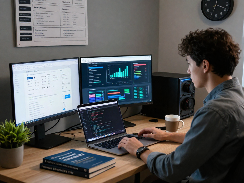 Optimización y análisis de Reseller Hosting en México con un especialista frente a múltiples monitores.