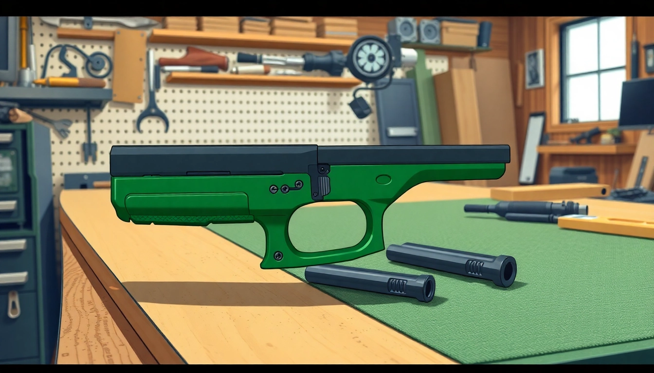 Assembling polymer80 pf940c frame in a well-equipped workshop with tools and lighting.