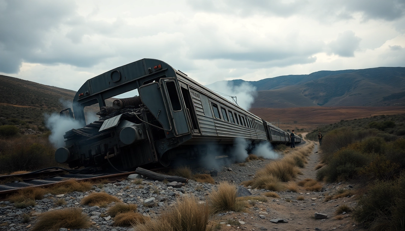 Spain train crash scene showing derailed train with smoke and responders nearby.