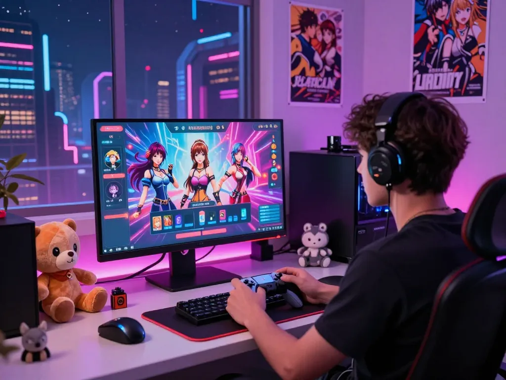 Engaging scene from Degrees of Lewdity showcasing a player navigating an adult visual novel on a gaming monitor, surrounded by vibrant decor.