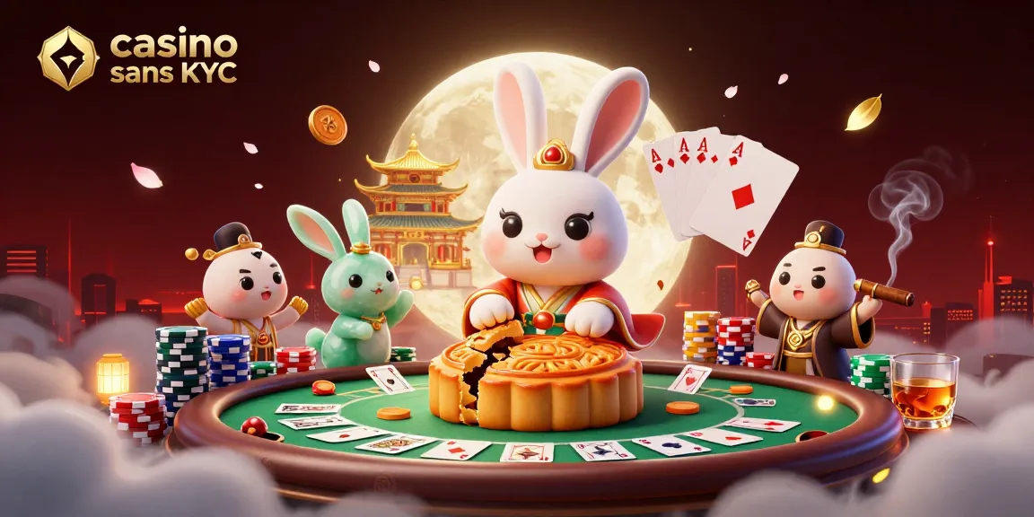 Illustration montrant un casino crypto sans KYC avec un lapin lunaire et des éléments de poker.