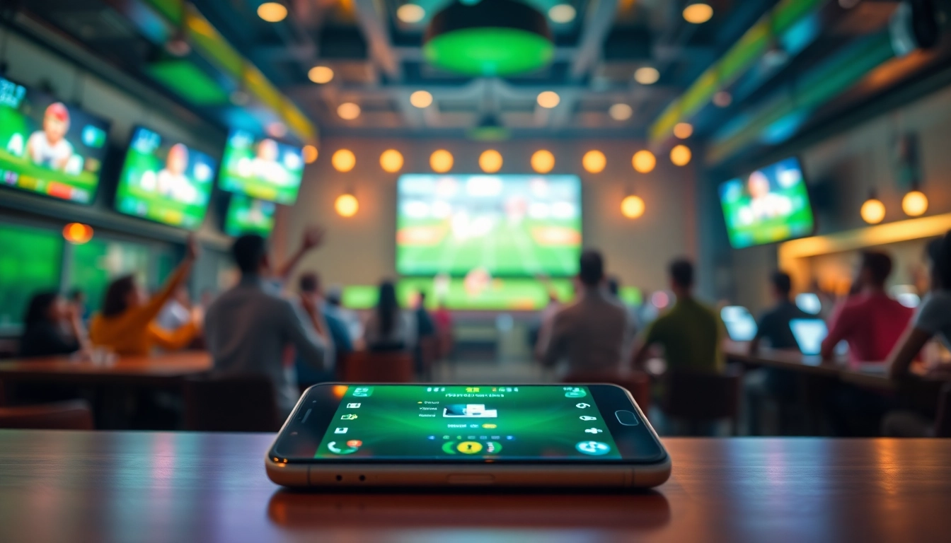 Engaging display of sports betting apps India on a mobile device amidst a vibrant sports bar atmosphere.