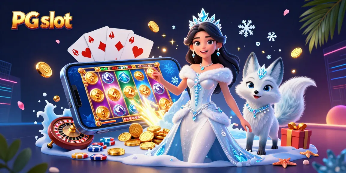Engage with PG slot action as an arctic fox and ice queen celebrate casino wins amidst vibrant gaming elements.
