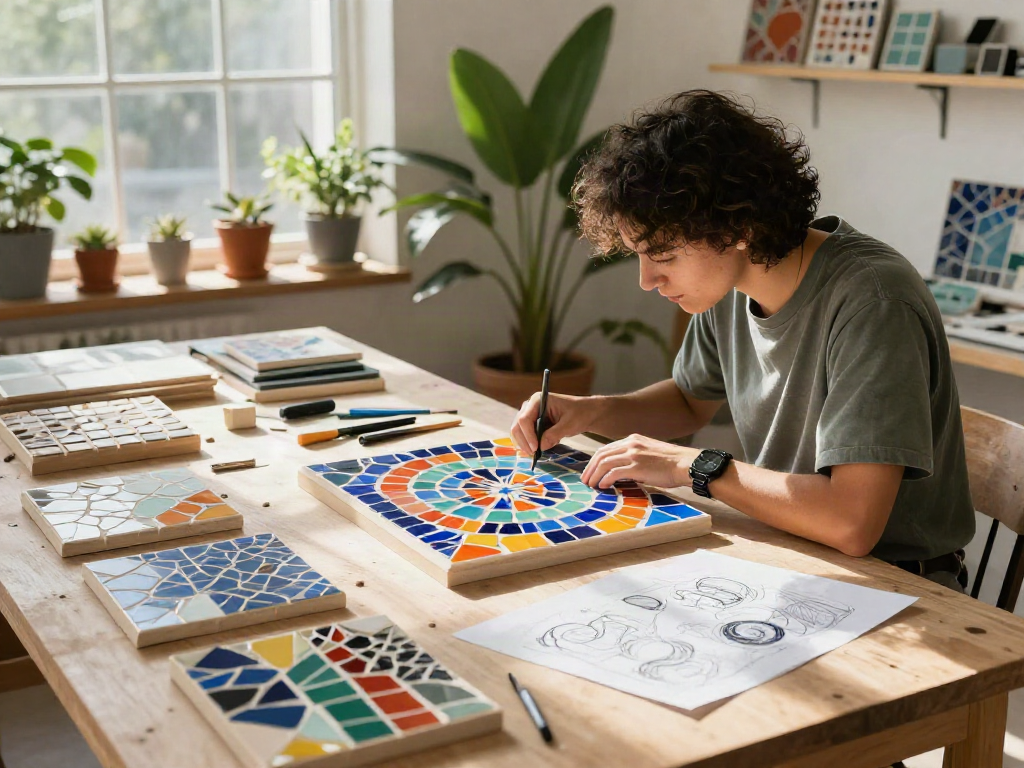 Mosaic tiles Sydney artist creatively designing a vibrant installation in a bright studio