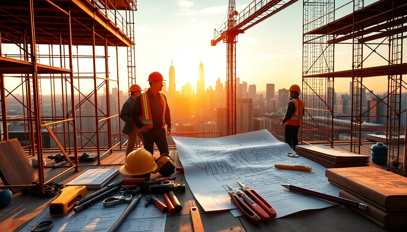Manhattan General Contractor team at construction site working on project with skyline view.