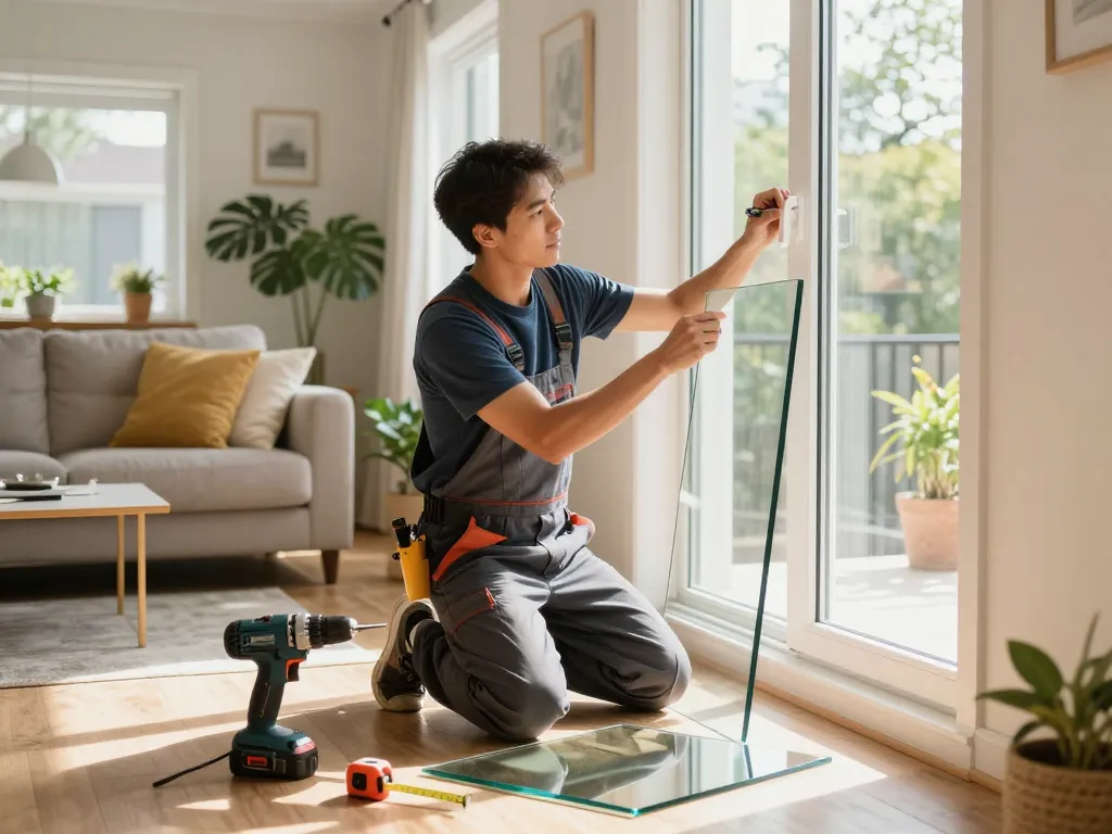Screen and window replacement technician working in a sunlit living room during home improvement.