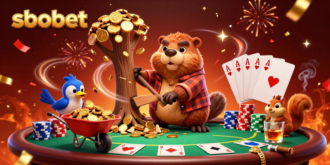 SBOBET players celebrating with vibrant coins raining down, poker elements visible, showcasing a thrilling betting experience.