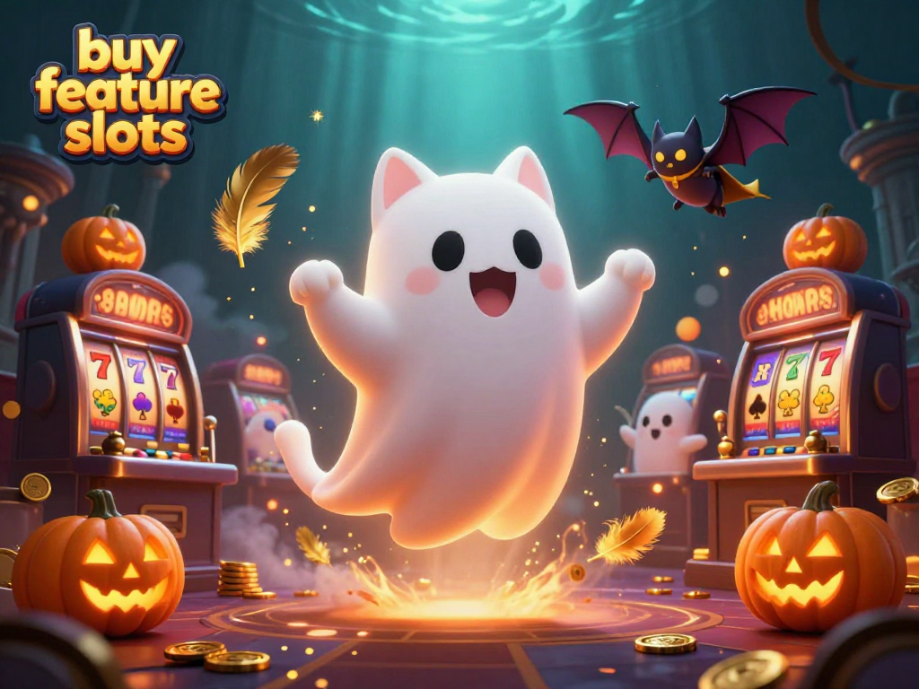 Engage with buy feature slots as a ghost cat explores a haunted casino, surrounded by vibrant elements and slot machines.