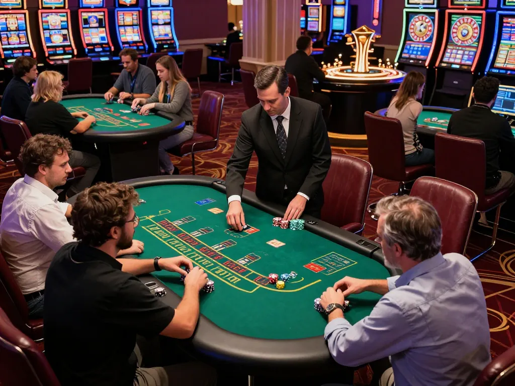 Experience top quality widgets in action at a bustling blackjack table with players focused on strategy.