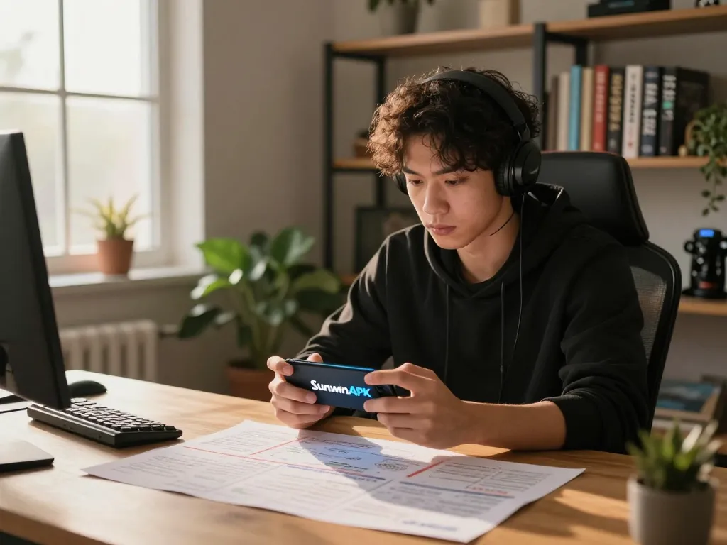 SunwinAPK displayed on smartphone while engaging in strategic online gaming at home.