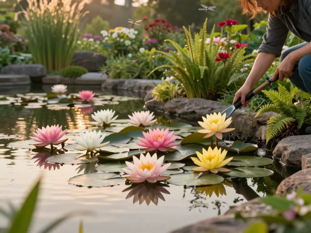 Buy Water Lilies in a serene pond setting, showcasing blooming flowers and a gardener tending to plants