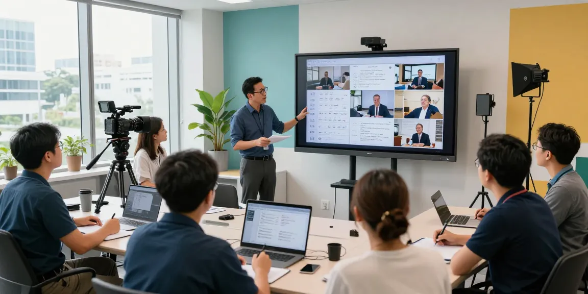 Singapore Corporate Video Production team collaborating creatively in a modern studio.