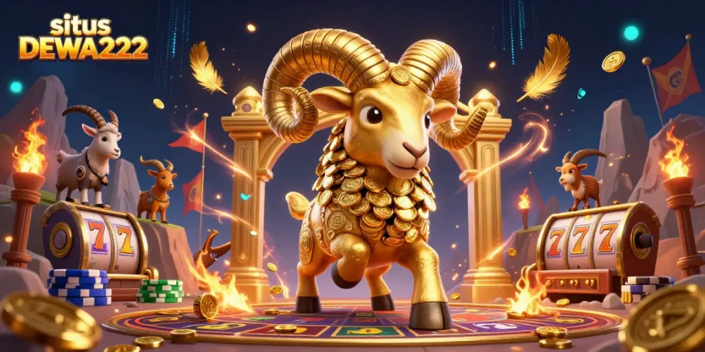 Experience excitement at situs DEWA222 as you charge for a jackpot surrounded by golden coins and vibrant slot reels.