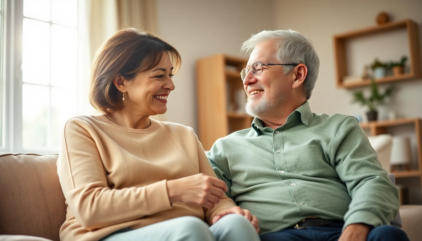 Engaging moment in home care for seniors between caregiver and elderly man in cozy setting.