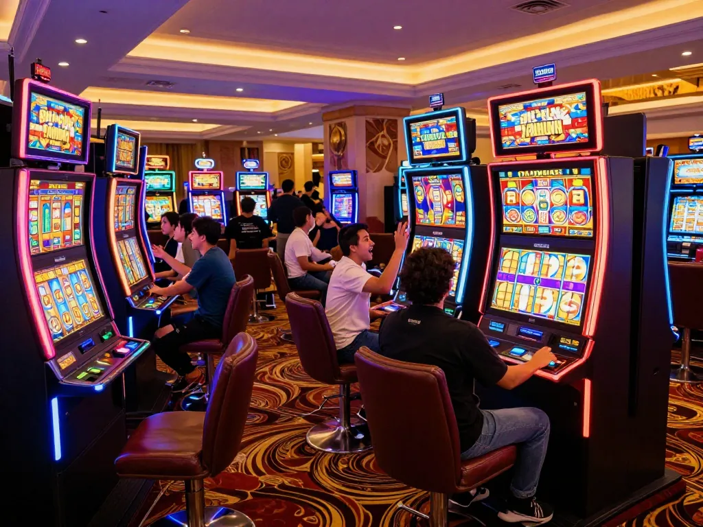 Engaged player spinning slot machine reels in vibrant casino lobby.