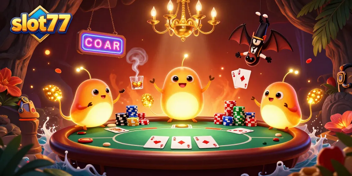 Engage with slot77 in a vibrant cave casino lit by glowworms and a bat dealer.