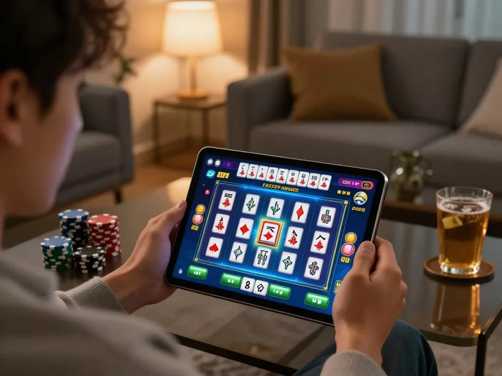 Engaged player spinning Mahjong Ways slot on tablet, showcasing strategic online gaming atmosphere.