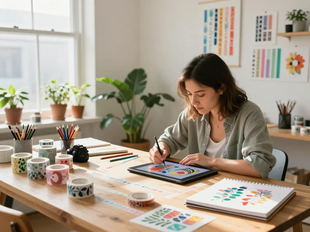 Custom washi tape designs created in an inspiring studio workspace.