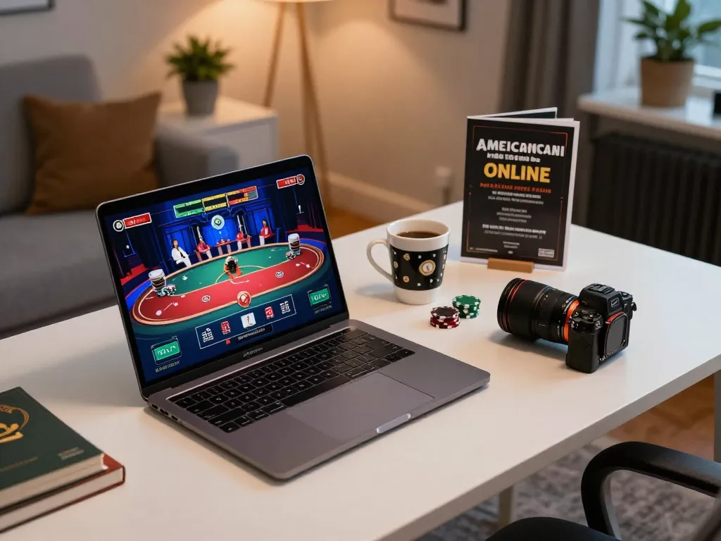 Engaging home workspace featuring online casino americani online gaming on a laptop, illustrating responsible gambling.