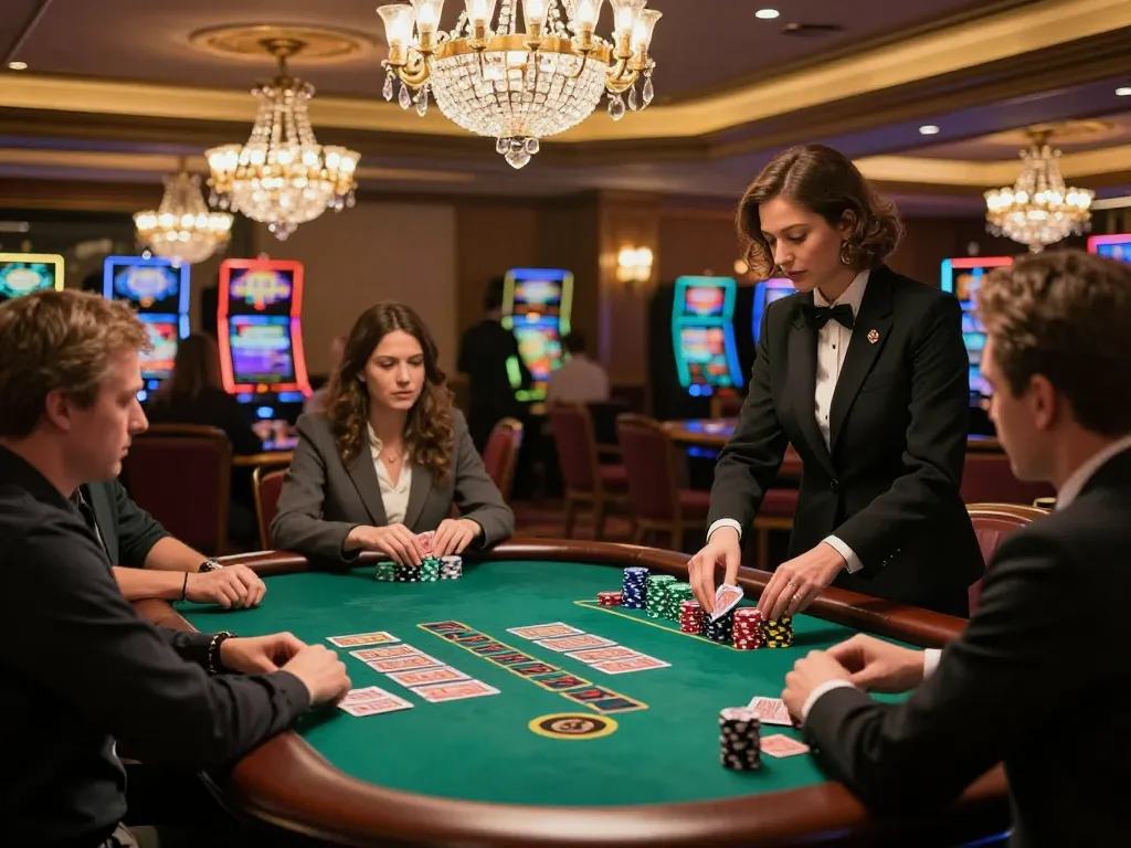 Aksi blackjack yang mendebarkan di kasino paris888 dengan pemain yang fokus dan dekorasi yang hidup.