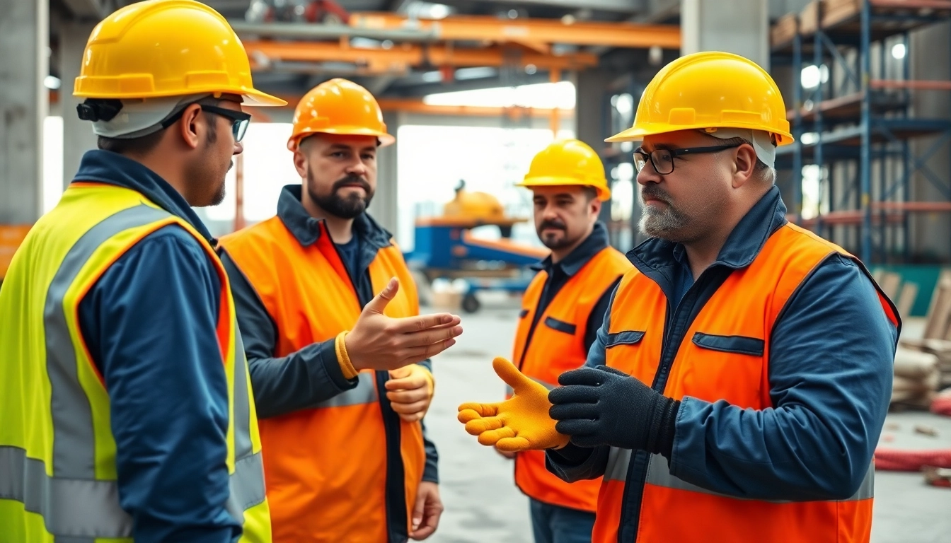 Construction site safety training in action with workers wearing safety gear.
