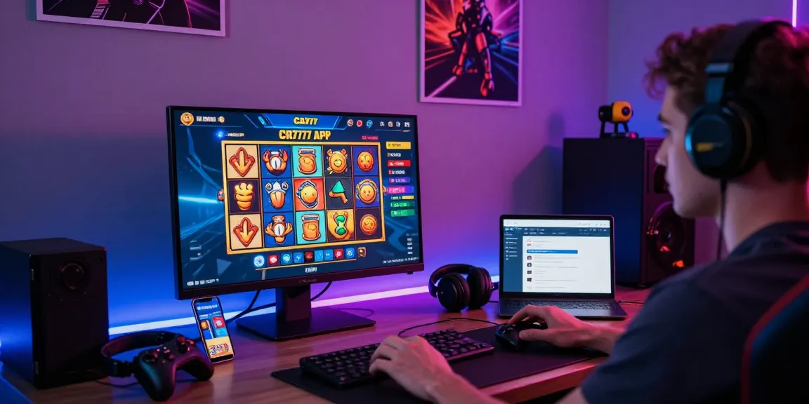 Pemain mengunduh apk slot di perangkat sambil menikmati suasana gaming yang ceria.