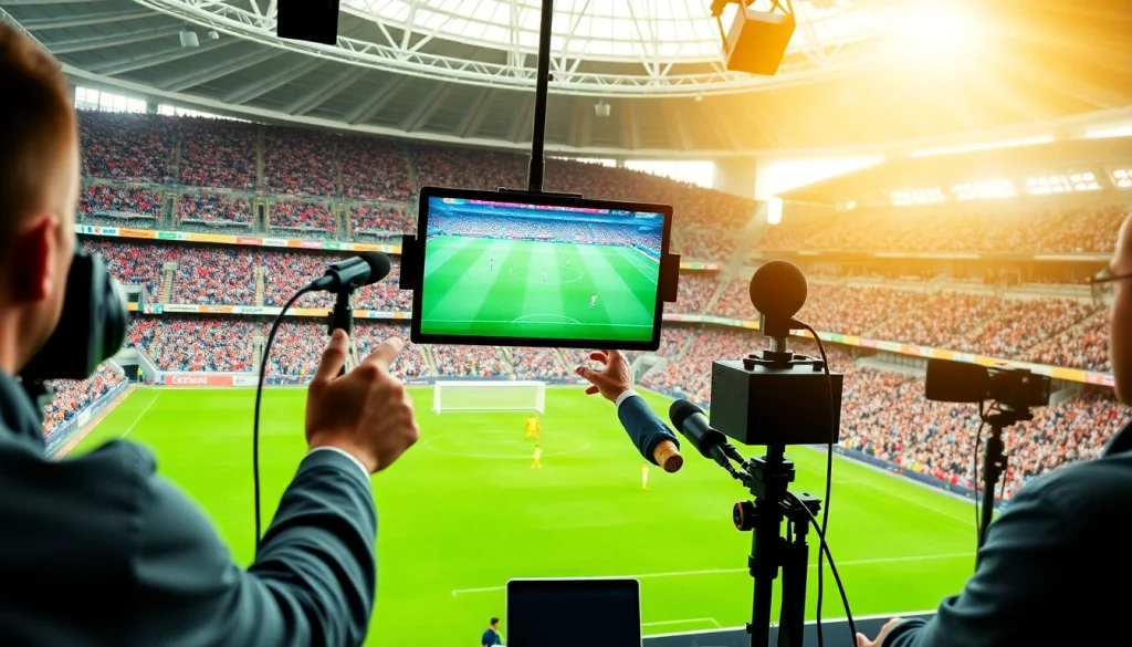 축구중계 장면을 강조하는 열정적인 해설가와 생생한 경기 분위기
