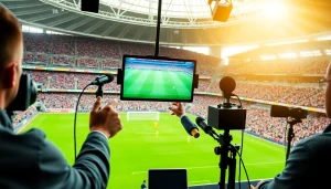 축구중계 장면을 강조하는 열정적인 해설가와 생생한 경기 분위기