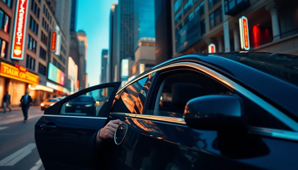 Chauffeur Services near me featuring a professional opening the car door in bustling city.