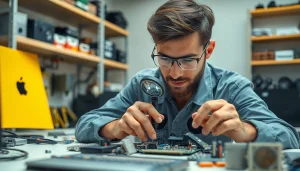Technician troubleshooting computer repair components and tools in a bright workshop.