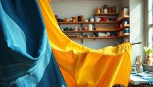 Bekijk diverse canvas stoffen met rijke texturen en patronen in een ambachtelijke werkruimte.