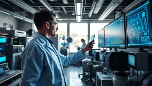 Innovative technology laboratory featuring modern equipment and a researcher analyzing data.