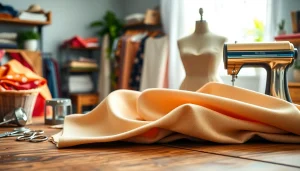 Punta di Roma stof op een elegante houten tafel met naaiaccessoires en een paspop.