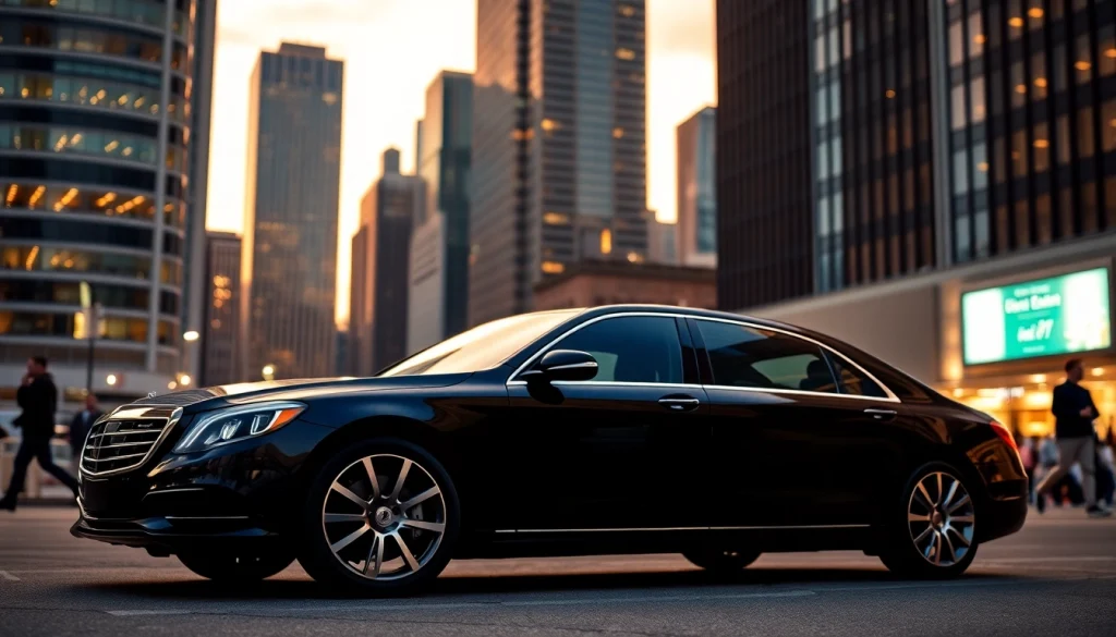 Experience luxurious chauffeur services near me with a sleek black sedan in an urban setting.