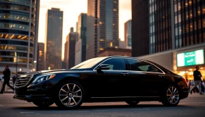 Experience luxurious chauffeur services near me with a sleek black sedan in an urban setting.