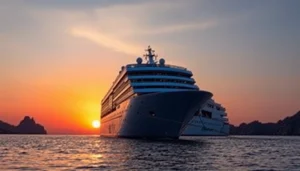 Cabo sunset cruise deals showcasing a luxurious ship sailing against a vibrant sunset.