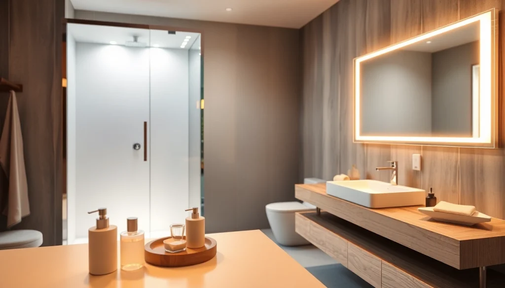 Aménager une salle de bain moderne avec les produits sirhona France, y compris une cabine de douche élégante.