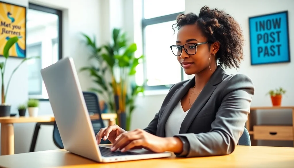 Browse through free job post chicago opportunities with a focused job seeker in a modern office.