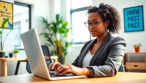 Browse through free job post chicago opportunities with a focused job seeker in a modern office.