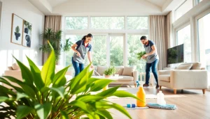 Promoting a Cleaning Service team diligently working in a bright and inviting living room.
