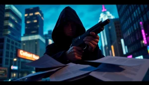 Assassin holding weapon amidst city backdrop, reflecting the tension of Contracts and Bullets story.