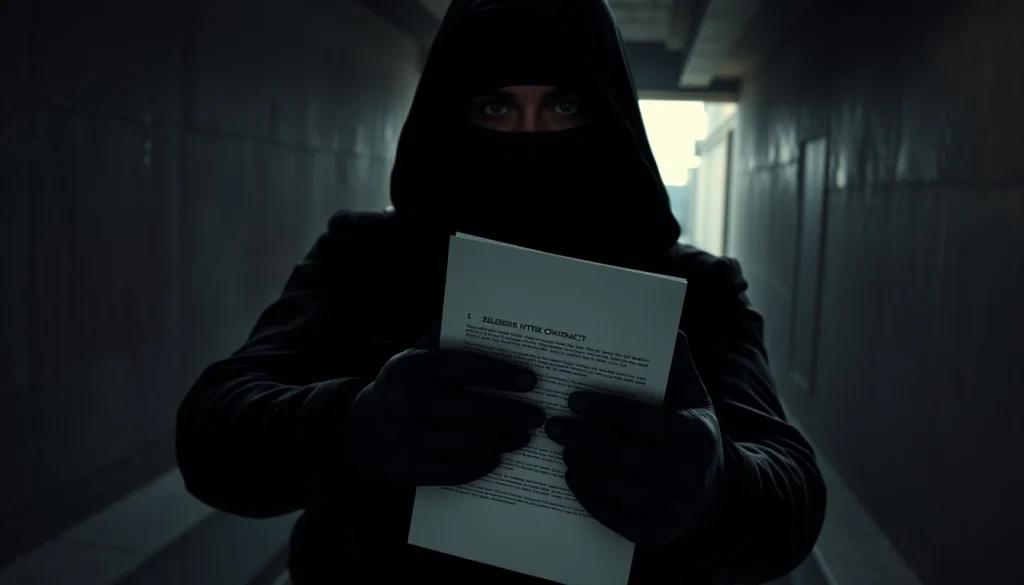 View an intense moment from Contracts and Bullets featuring an assassin with contract and weapon.